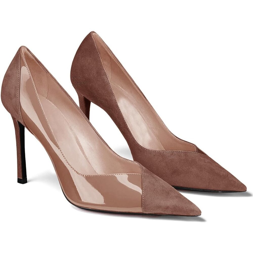 Women's Coffee Pointed Toe High Heels Pumps Patent Suede Stiletto Heel Slip on